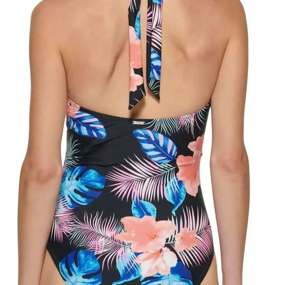 NWT DKNY Women’s Halter Neck 1 Piece Floral Swimsuit Small Cruise Tropical - Picture 9 of 9